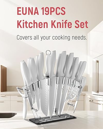 Miniatura 9 de EUNA Juego de 19 cuchillos de cocina blancos con bloque acrílico y afilador, juego de cuchillos alemanes de acero inoxidable de alto carbono con 6