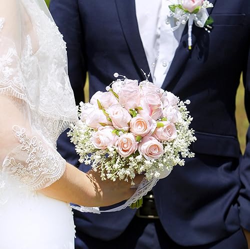 Miniatura 6 de Ramos de novia para damas de honor, rosas artificiales rosadas, ramos de novia para decoración de boda de novia
