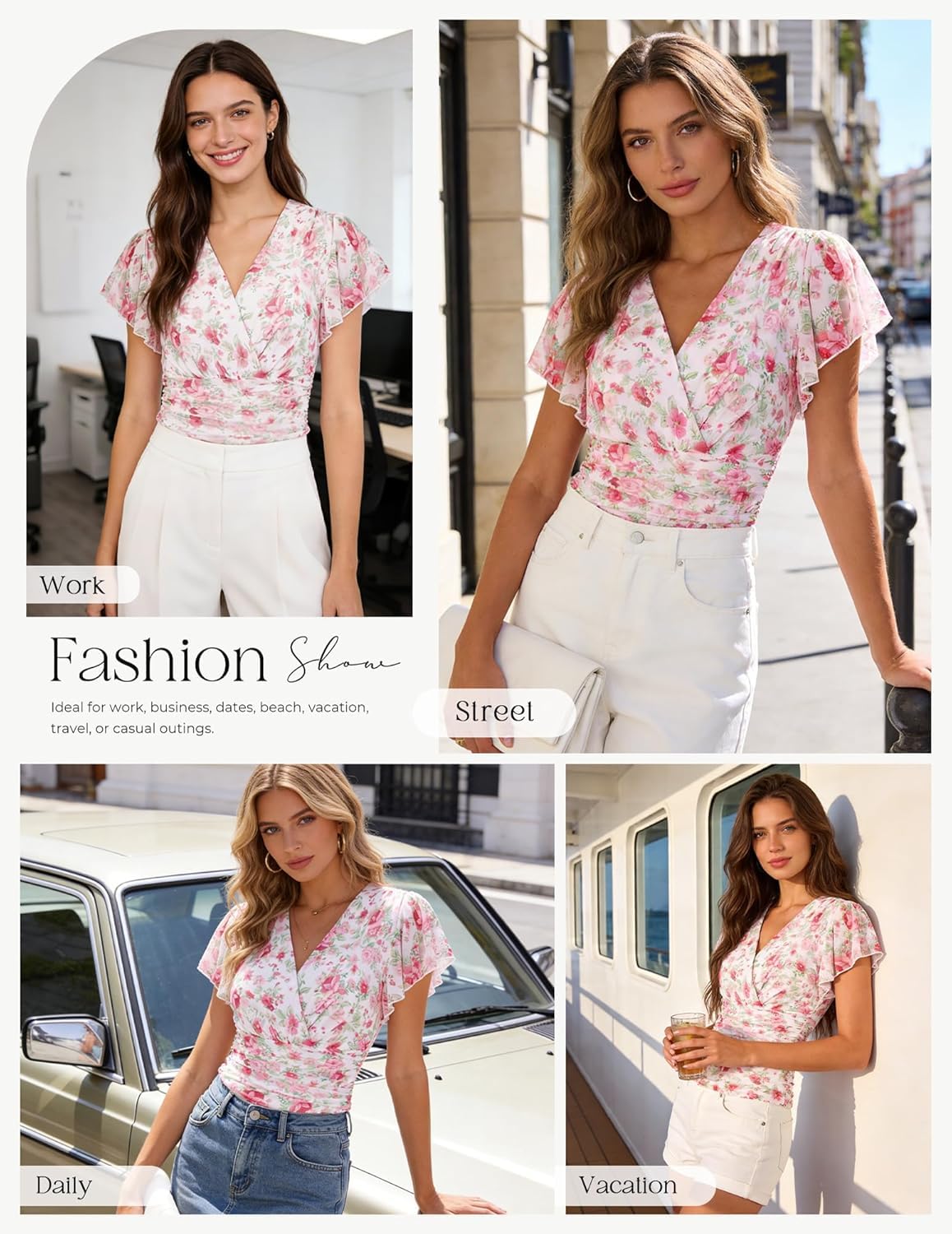 GRACE KARIN Blusas para mujer, diseño floral, estilo bohemio, manga corta, con volantes, para primavera, verano, para salir