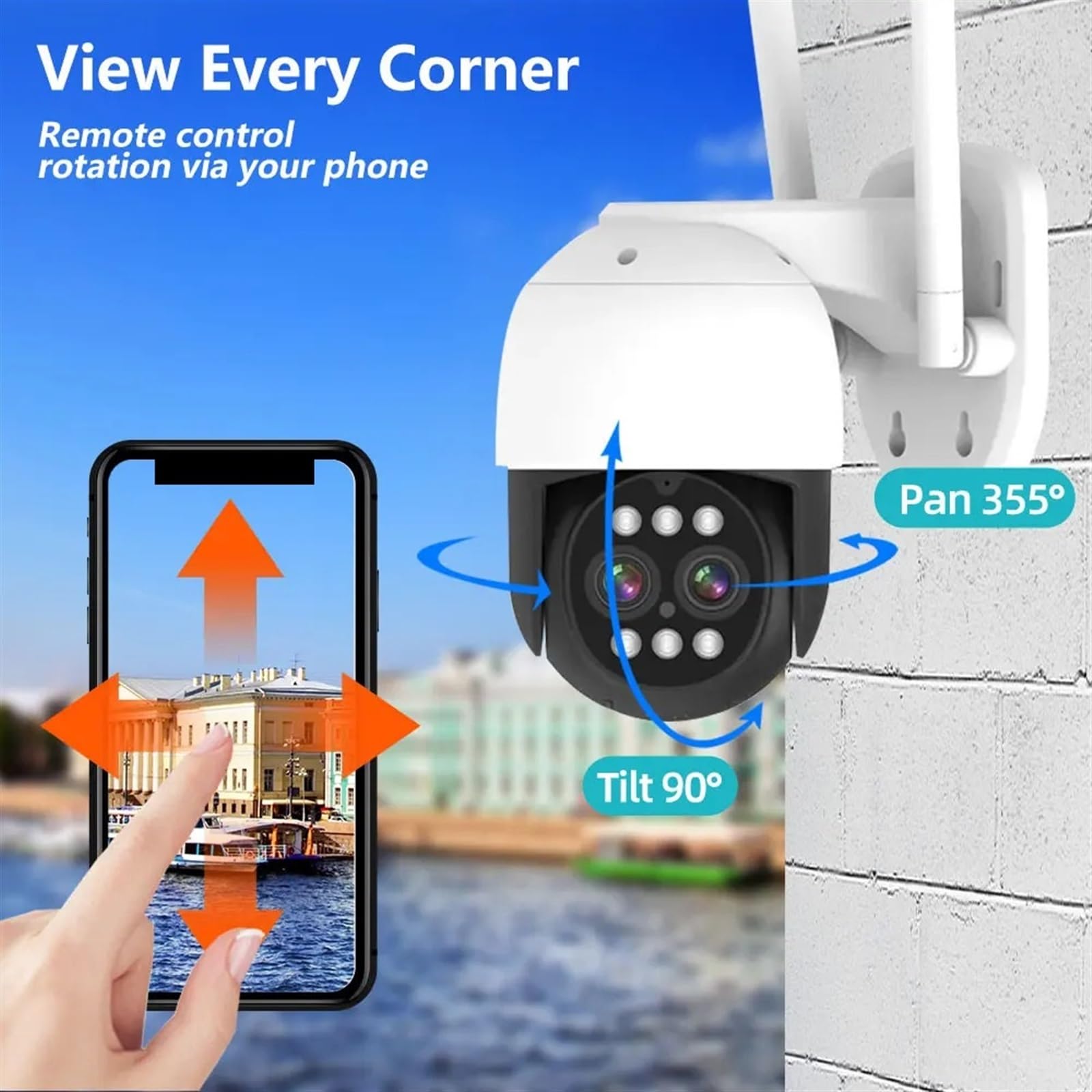 Caméra de sécurité, 8MP Double Objectif 2.8mm -12mm 10X Zoom 4K PTZ IP caméra extérieure AI Suivi Humain CCTV Audio sécurité vidéo Surveillance(WiFi Add 64G Card)