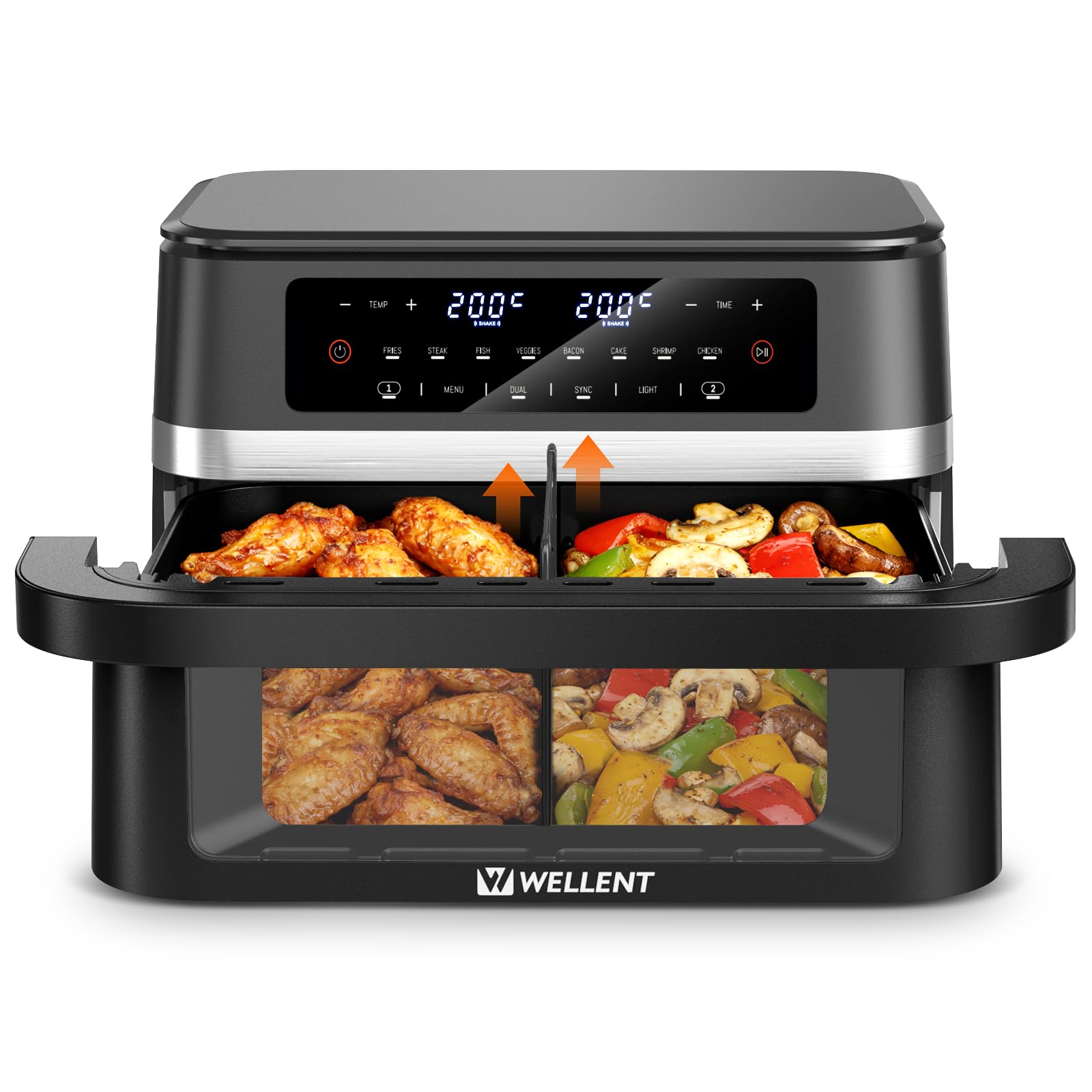 WELLENT 12L Dual Zone Airfryer XXL - 2950W Heißluftfritteuse 2 Kammern(6+6L) - Heissluftfritteuse Doppelkammer mit Sichtfenster, Match & Sync-Funktion, Schüttel-Erinnerung, Spülmaschinenfest