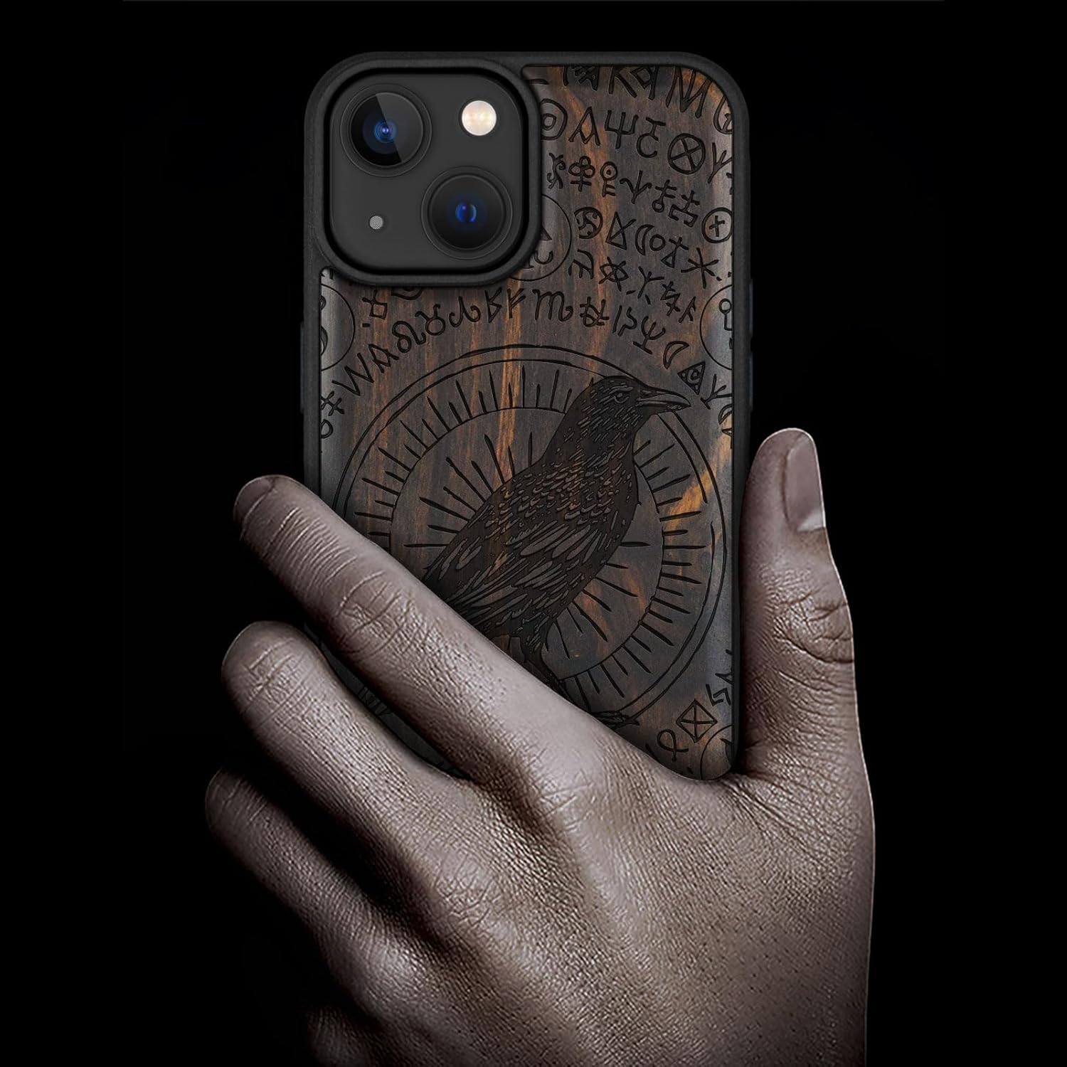 Carveit Magnetic Wooden Case for iPhone 15 Case, Compatible with MagSafe Wireless Chargers, Black Soft TPU Shockproof Cover & Wood Artisan Engraved (The Haloed Crow) - Blackwood