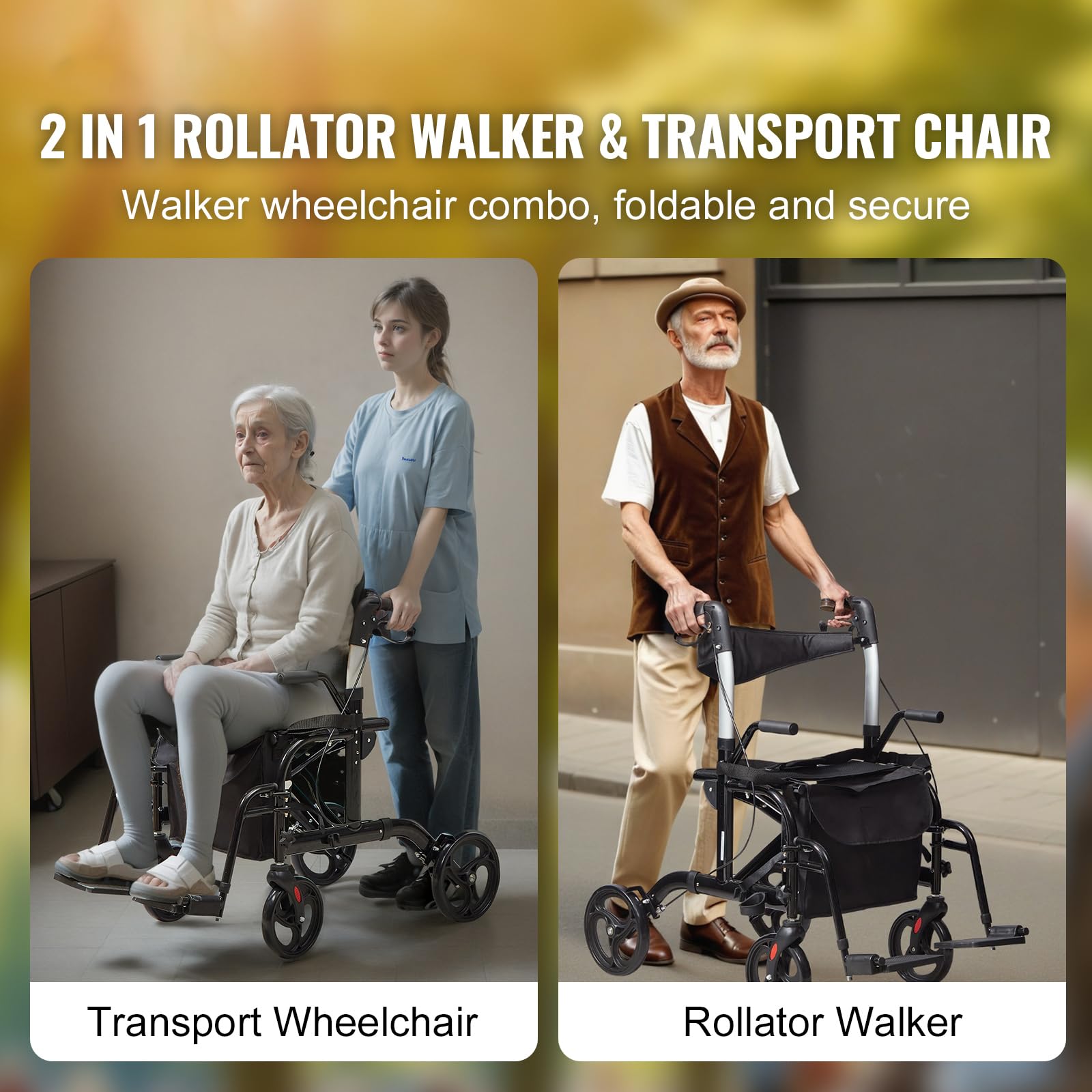Happybuy 2-in-1 Rollator Walker & Transport Chair for Seniors, Folding Wheelchair Combo, Adjustable Handle, All-Terrain Wheels, Lightweight Aluminum, 300LBS Capacity