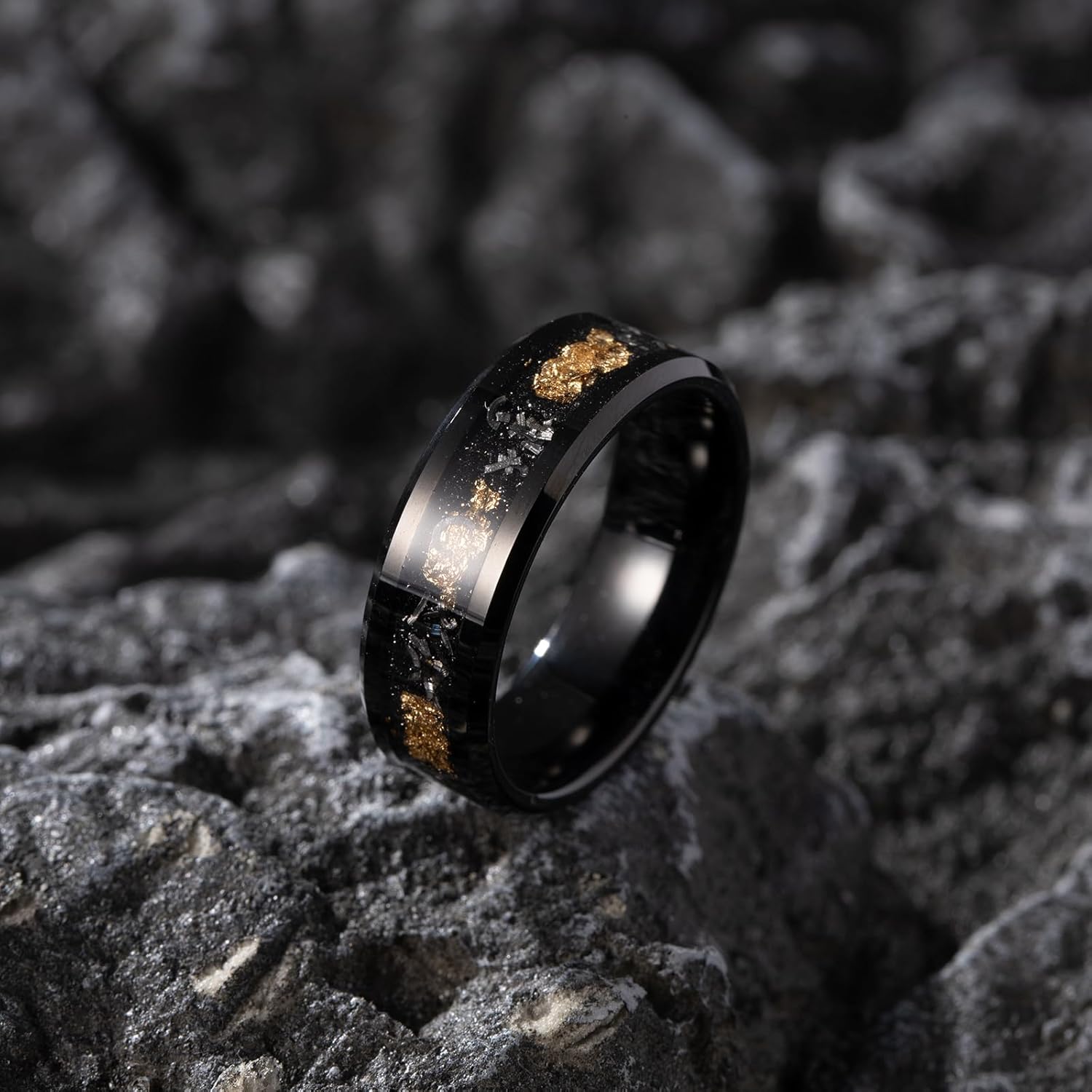 NUNCAD 8mm Black Tungsten Rings for Men, Meteorite Rings for Men With Gold Foil Inlay Beveled Edge, Promise Engagement Wedding Bands High Polished Comfort Fit Size 7-12 - Image 4
