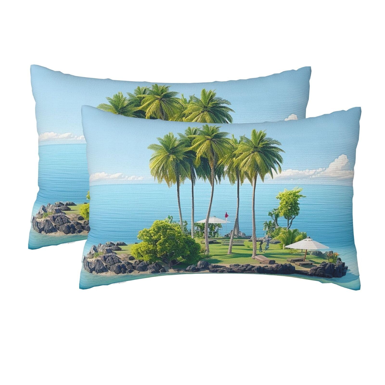 2 Pack Queen Size Pillow Cases for Hair and Skin Soft Breathable Pillow Case Covers with Hidden Zipper Ocean Island Pillowcase 20x30 Inches Pillow Cover for Sleeping Gift
