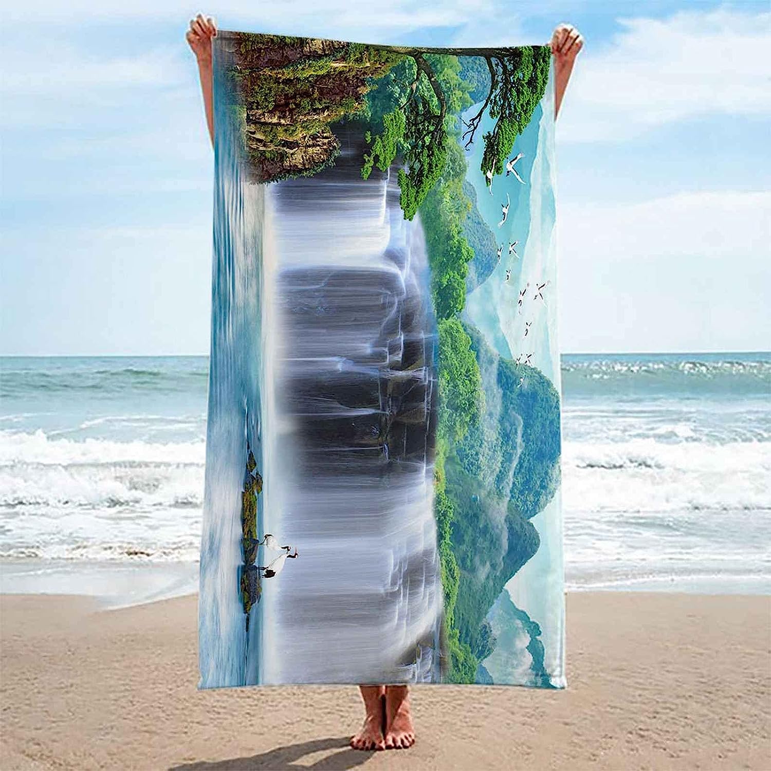 Serviette De Plage Paysage Chinois De Chute d'eau, 3D Serviette De Bain Microfibre Anti Sable Tapis De Plage Femme Homme pour Voyage, Camping, Gym, Natation, Yoga 200 X 200 Cm -9F3J+S4P