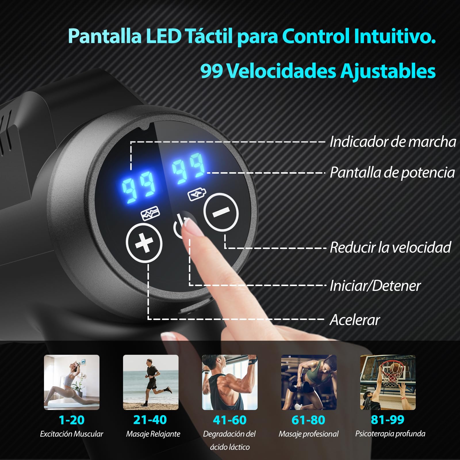 Pistola de Masaje Muscular, Masajeador Cervical y Espalda, pistola masaje con 99 Intensidad Ajustable y 6 Cabezales de Masaje,Silenciosos Masajeador para Aliviar el Dolor Muscular
