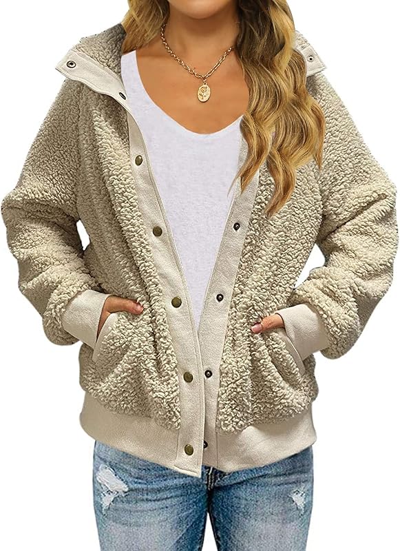 MEROKEETY Womens Sherpa Fleece Jacket 2026 Fall Fuzzy Coats | Long Sleeve, With Pockets, Button Down Cardigans Trendy, Open Front, Warm Outerwear, Cozy Winter Clothes