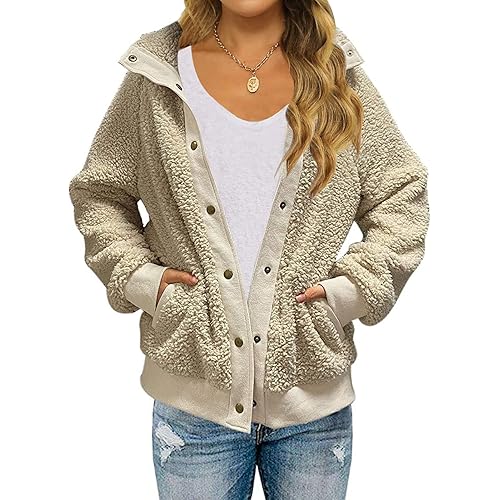 MEROKEETY Womens Winter Long Sleeve Button Sherpa Jacket Coat Pockets Warm Fleece