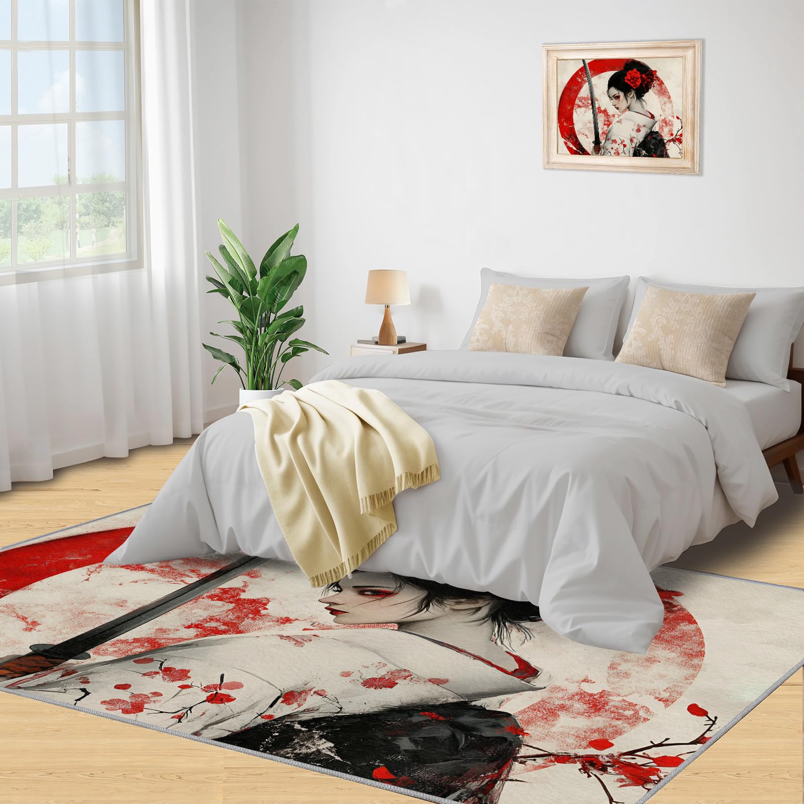Tapis Japonais Geisha – Motif Anime Fille – 100x150 Cm – Poils Ras Antidérapant – Lavable En Machine – Pour Salon, Chambre, Bureau - 4