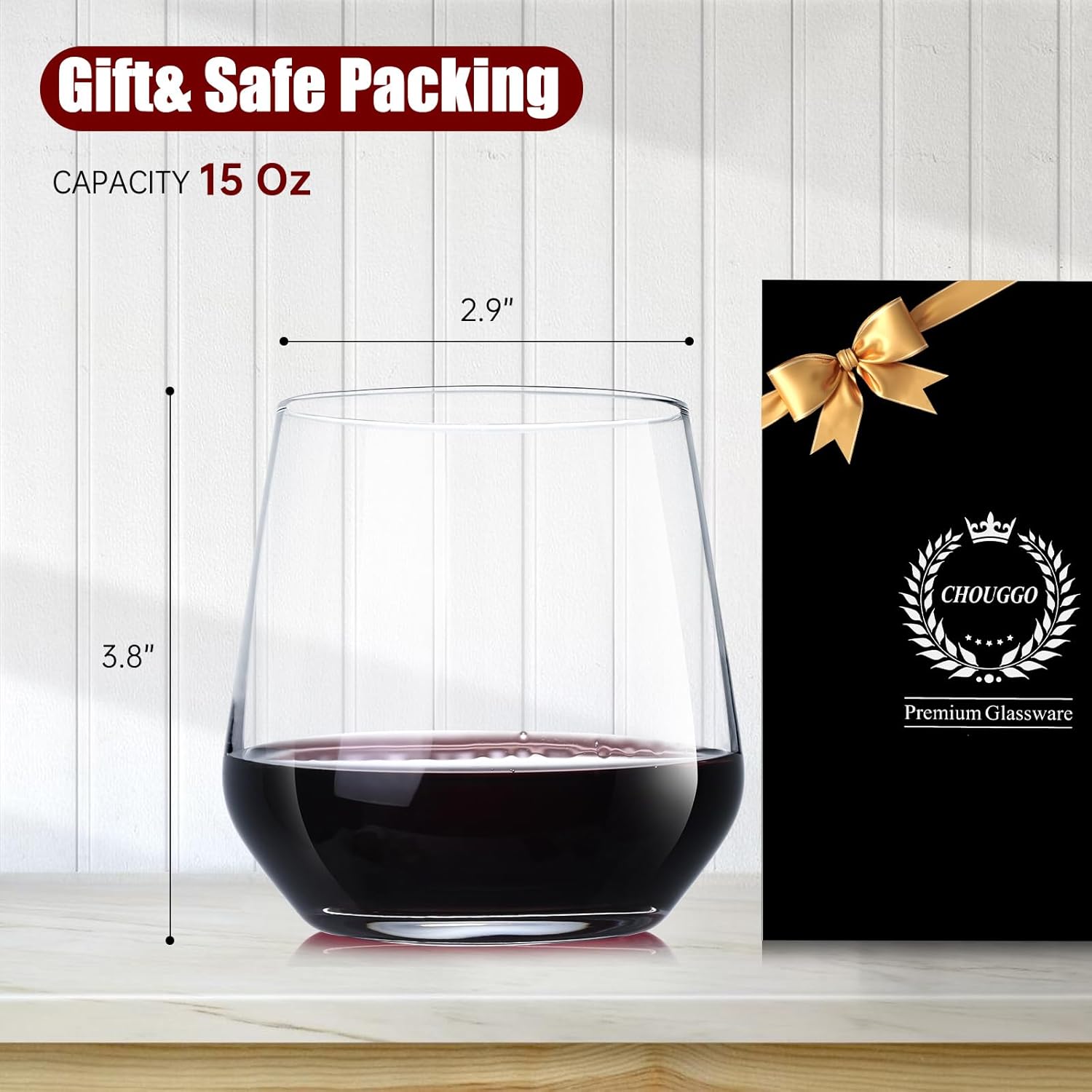 Chouggo Stemless Wine Glasses Set of 6, Hand Blown Premium Crystal Square Red White Wine Glass - Gifts for Women, Men, Wedding, Anniversary, Christmas, Birthday - 15Oz - Image 6