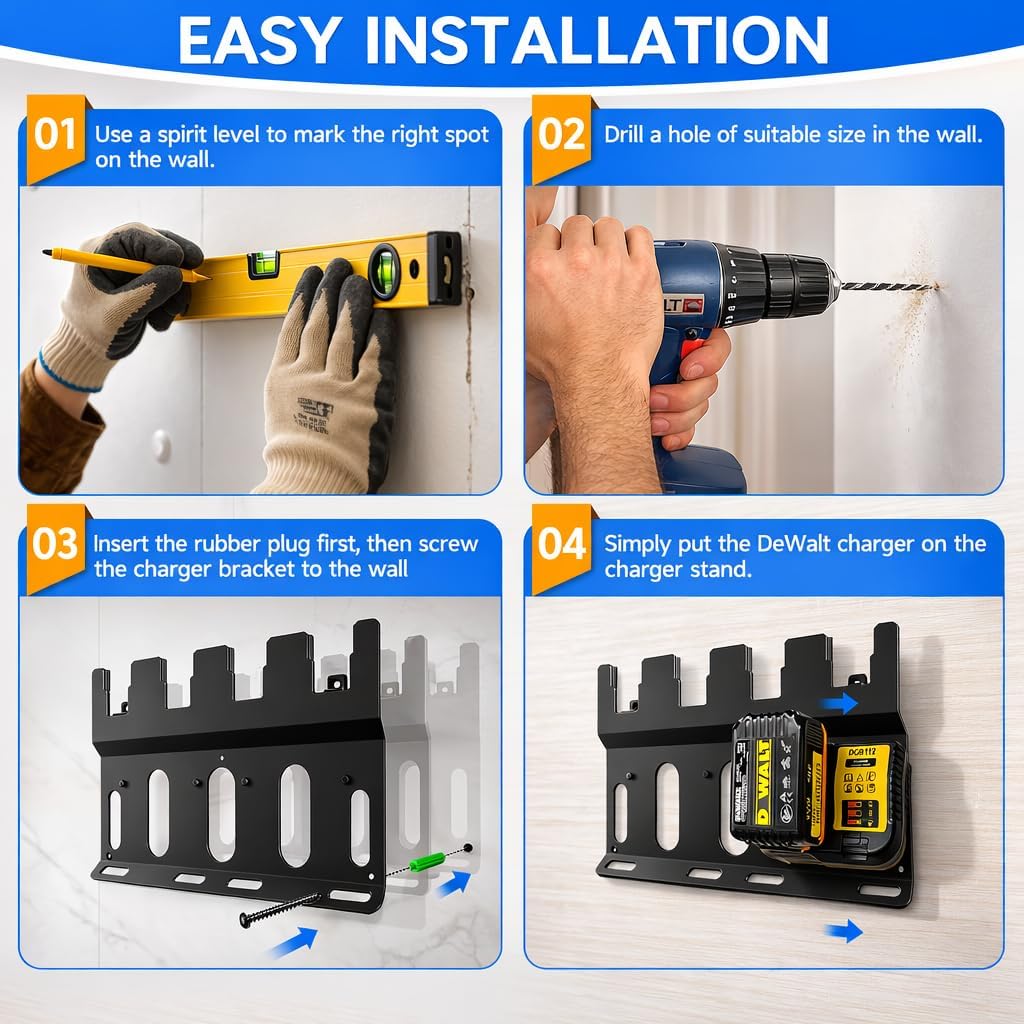 3-in-1 Battery Charger Wall Mount Holder for Dewalt 4 x 20V or 18V Battery and 2 x DCB112 or DCB115 Charger, Battery Charger Hanger/Storage/Rack/Organizer for Garage/Utility Cart/Van