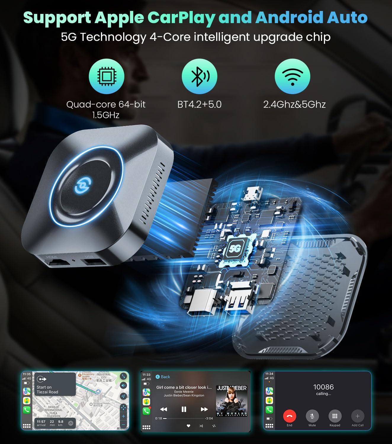Detailed view of the CarPlay AI Box ports and included accessories.