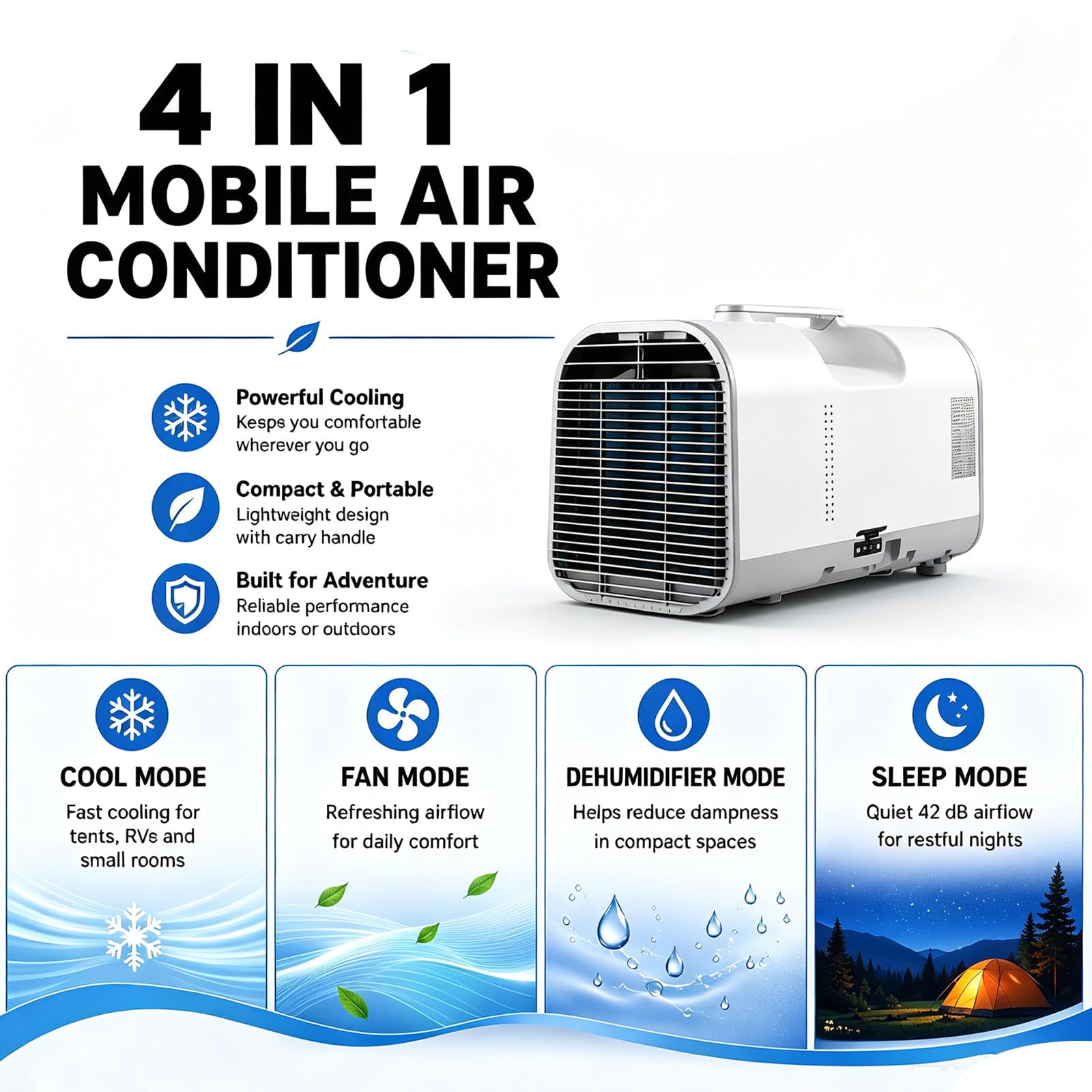 Tragbare Klimaanlage mit Abluftschlauch, Mobiles Klimagerät für Camping, 4-in-1 Luftkühler & Luftentfeuchter, 12H Timer, Kompakt für Wohnwagen, LKW, Kleines Zimmer 1300W