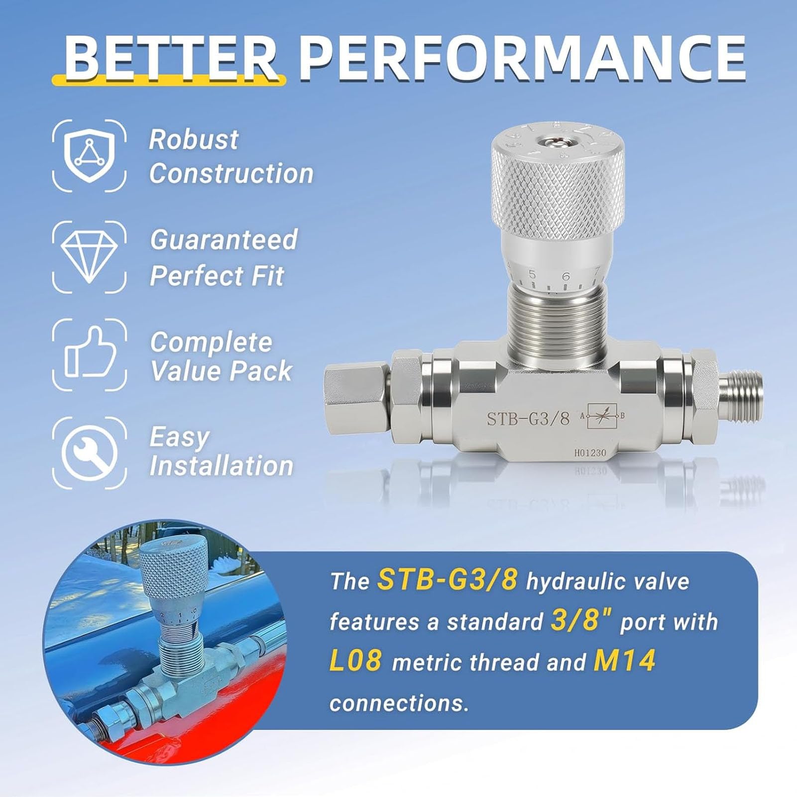 3/8-Zoll-Hydraulik-Durchflussregelventil für Minibagger der STB-Serie (0,8–2 Tonnen), Bidirektionales Hydraulik-Durchflussregelventil mit M14-Anschluss Zur Zylinderdrehzahlregelung