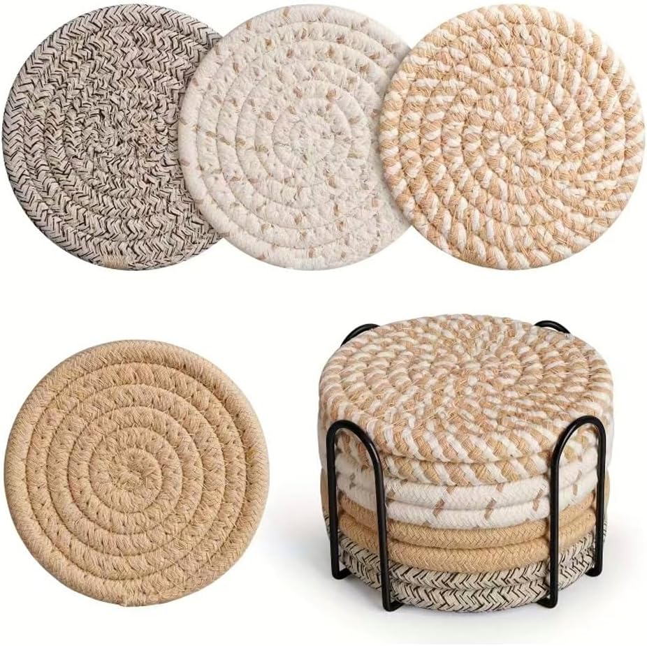8Pcs Drink Coasters with Metal Holder, Boho Cotton Woven Absorbent Coasters for Drinks, 4 Colors Minimalist Cup Coaster Set for Home Decor Coffee Table Protection Housewarming (Multi-color 1)