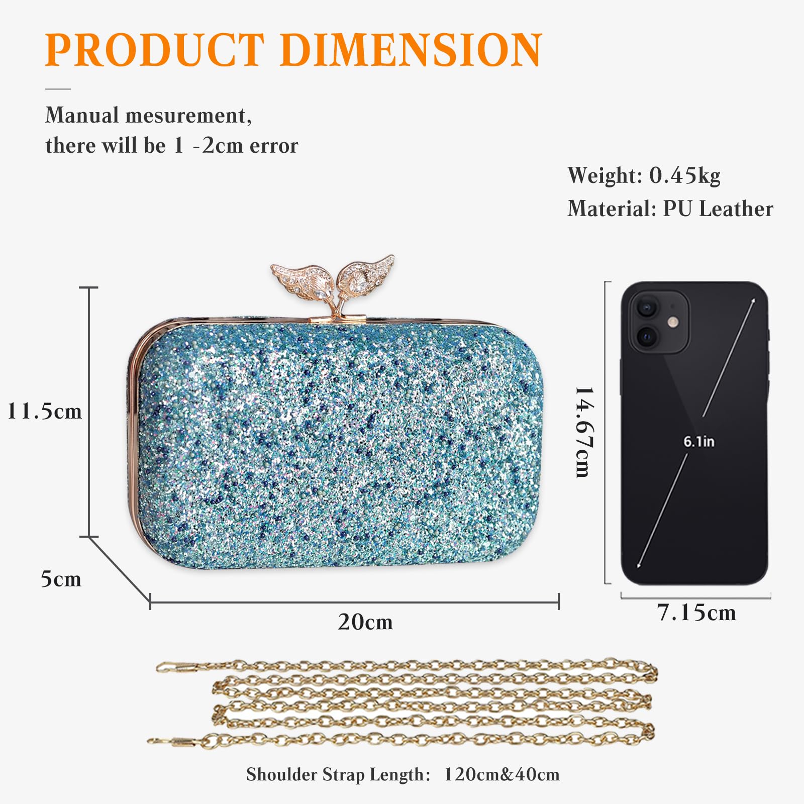CORIOS Borsetta da Sera con Perle Donna Paillettes Clutch Pochette Piccolo con Catena Lusso Strass a Spalla Scintillante Sposa Elegante per Cocktail Festa Party Tracolla Blu