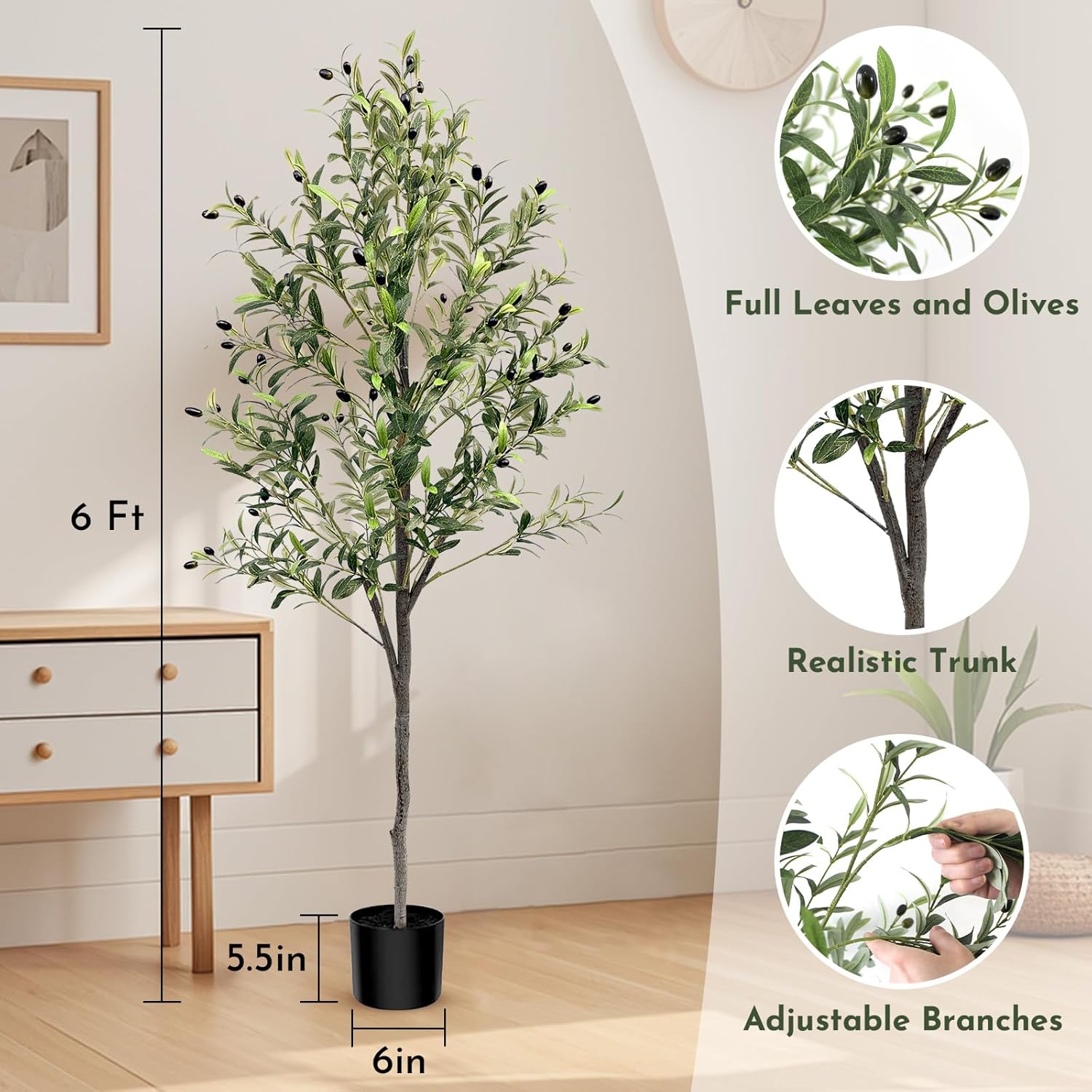 6FT Faux Olive Tree Indoor Realistic Artificial Olive Tree for Home, Office Decor with Natural Trunk Design Perfect Housewarming Gift - Image 2