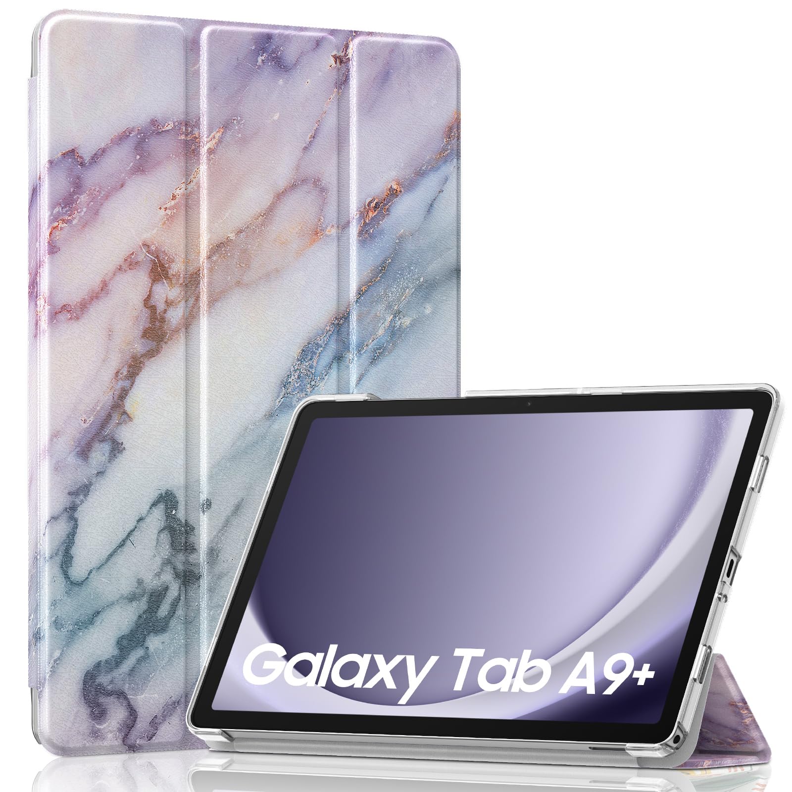MoKo Trifold Case for Galaxy Tab A9 Plus/A9+ 11 Inch 2023, Purple Marble | Slim Stand Hard PC Translucent Back Shell Smart Cover, Auto Sleep/Wake, Light, Anti-scratch, 2 Adjustable Angle