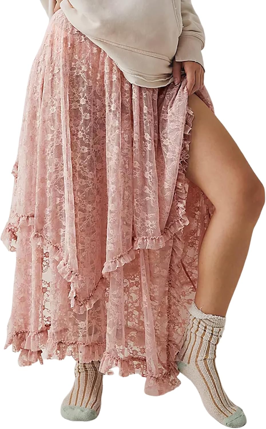 Yimoon Lace Skirts for Women Flowy Boho Maxi Skirt Elastic Asymmetrical Layered See-Through Long Skirt