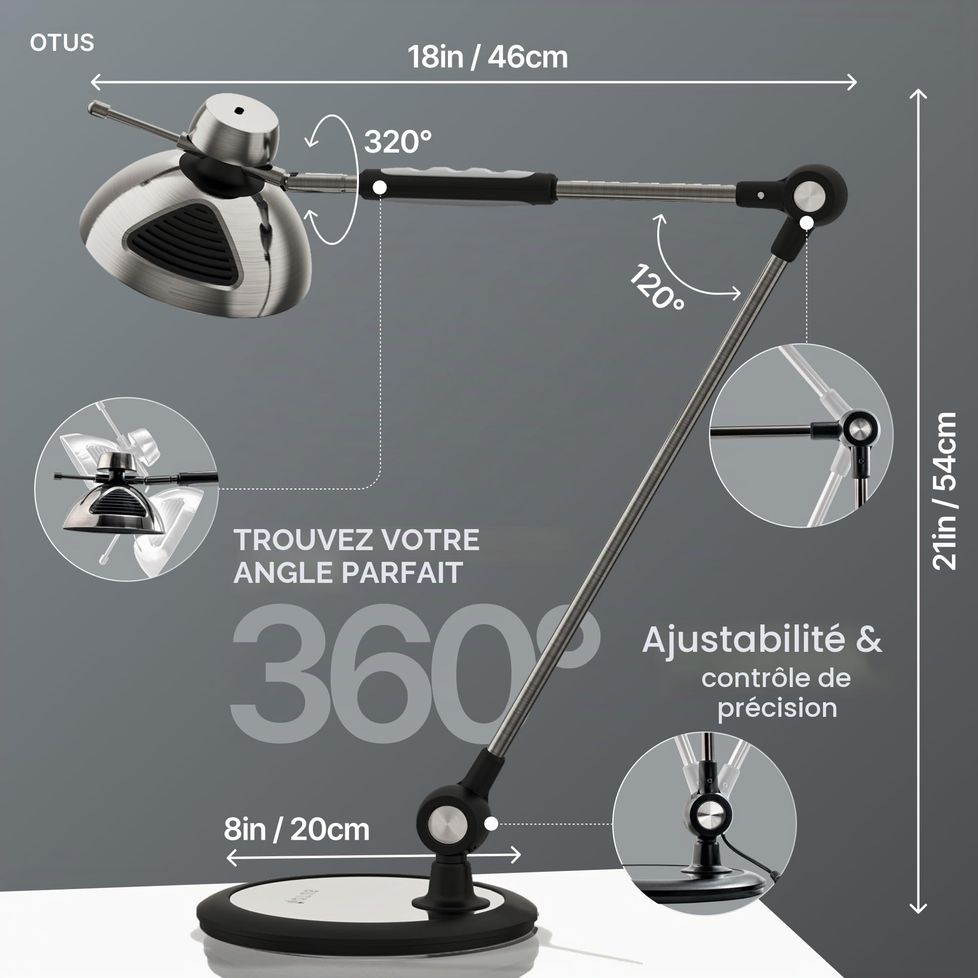 OTUS Lampe de Bureau LED avec Commande Gestuelle | Lampe de Table 12 Niveaux Luminosité, 3 Températures Couleur, Architecte Rétro avec Bras Articulé | Lumiere Bureau pour Lecture, Atelier