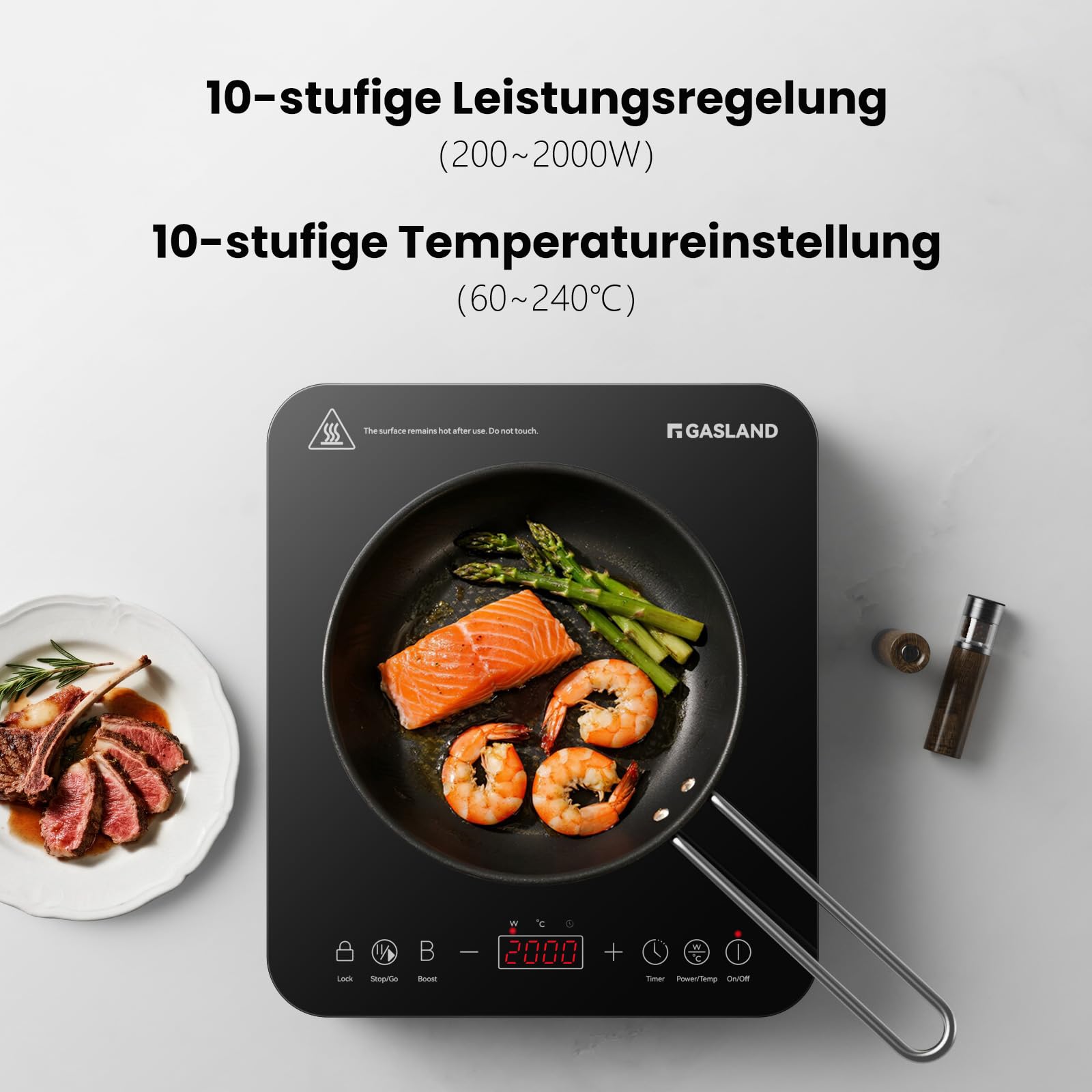 GASLAND IH271BTA Induktionskochfeld 1 Platte, Einzel Induktionskochplatte 2000W, 27 cm Kochplatte Induktion mit 3-Stunden-Timer, 10 Temperaturstufen, 10 Leistungsstufen, Sicherheitsschloss, Schwarz