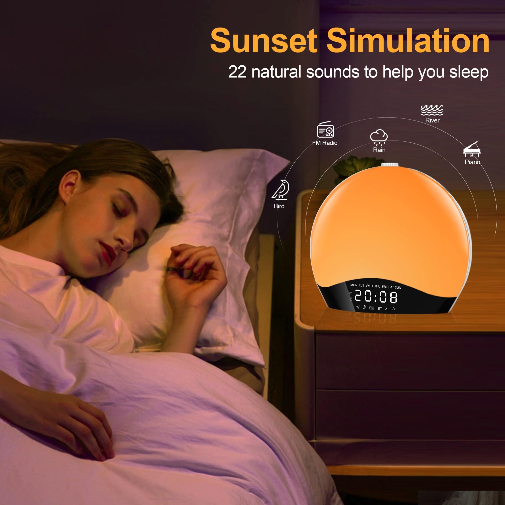 Bluetooth Tageslichtwecker Lichtwecker, Wake up Light, Wecker mit Licht, Sonnenaufgang Sonnenuntergang Simulation, Bluetooth Lautsprecher, 22 Naturgeräuschen, 20 Helligkeit Nachttischlampe für Kinder