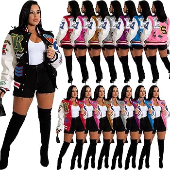 VOIKERDR Varsity Jacket Women Button Print Casual Jacket