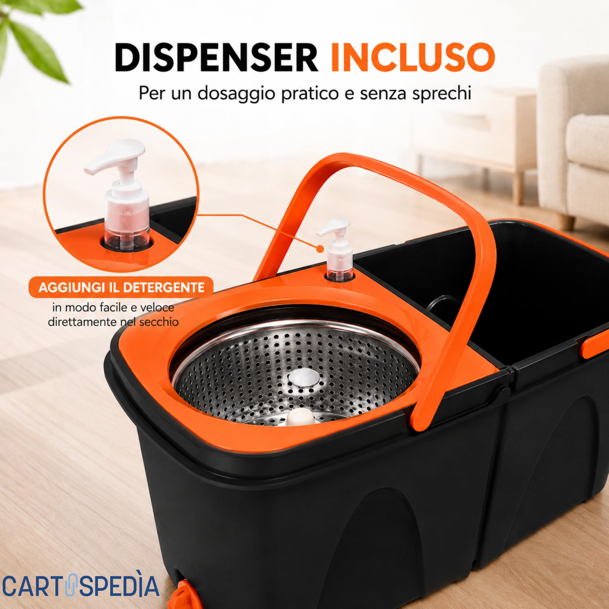 Set Mocio Lavapavimenti Rotante con DOPPIO SECCHIO Lavaggio e Asciugatura - Dispenser Incluso - Manico in Acciaio Inox - Microfibra 360° - Cestello Asciugante Inox - Sistema Salvaspazio per Pulizia