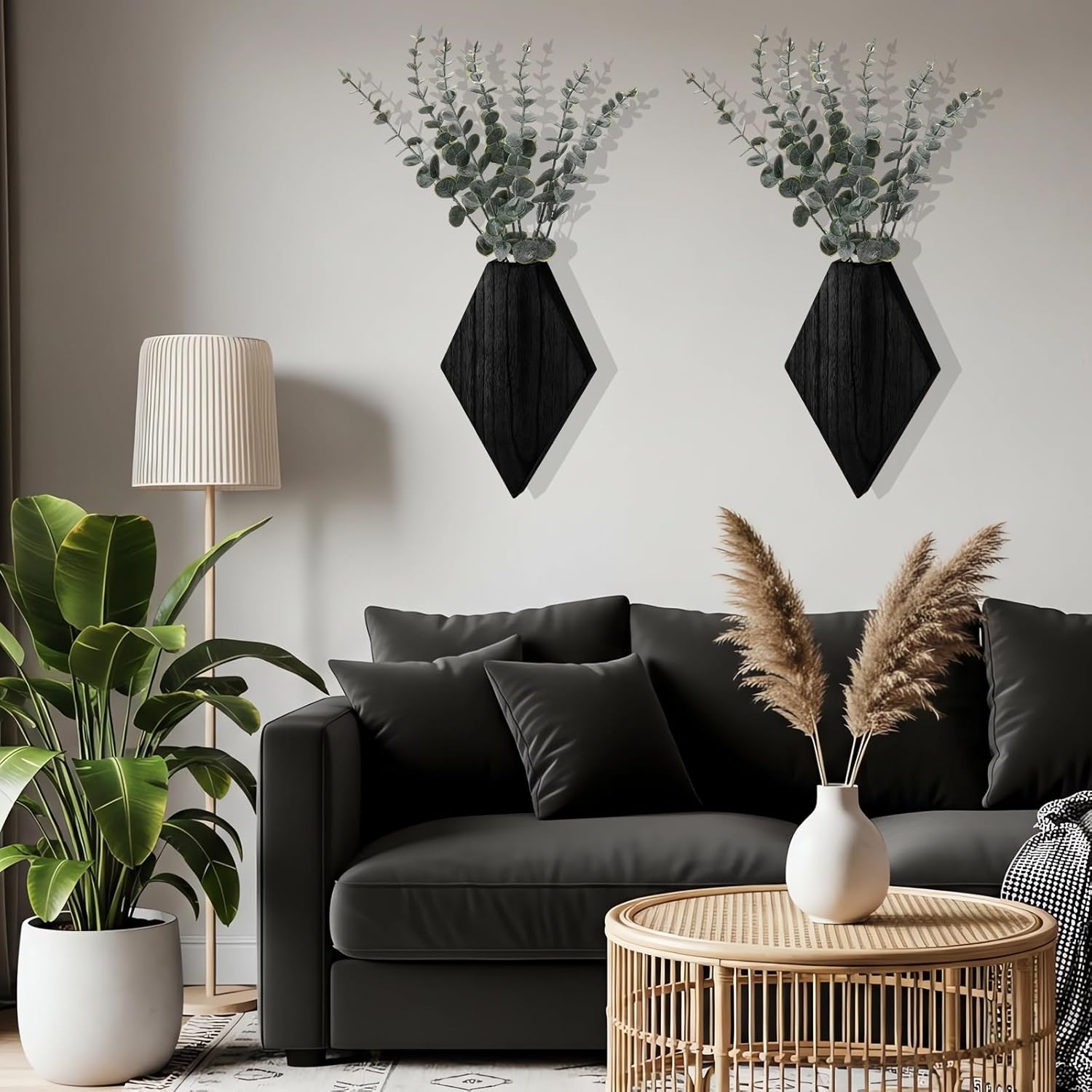 Chunful 2 Pcs Wooden Wall Planter Decor Hanging Faux Plants Greenery Flowers Holder Vase Boxes for Wall Bohemian Farmhouse Room Kitchen Office Indoor Decoration (Black,9.8 x 6.6 x 1.2 Inches)