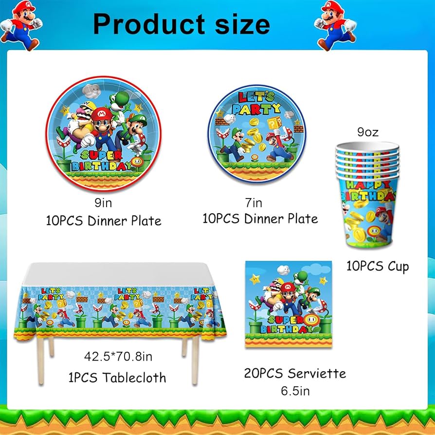 Set Stoviglie Festa A Tema Mario - 41 Pezzi Con Tovaglia, Piatti, Bicchieri E Tovaglioli - Per 10 Persone - Foto 2