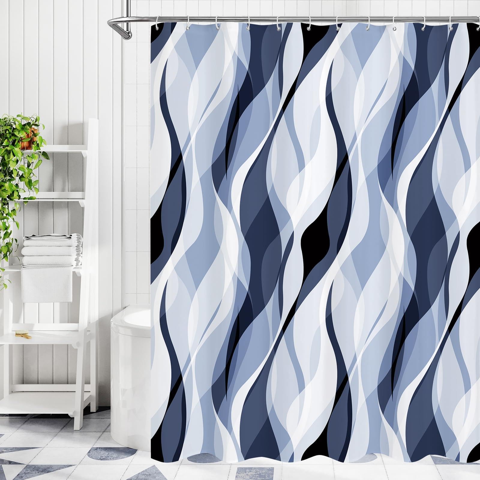 UIYIUI Blue Black Wavy Ombre Shower Curtain 71x83in/180x210cm Abstract Striped Art Geomertic Modern Minimalist Waterproof Bathroom Curtains, Aesthetic Quick-Dry Fabric Decor for Stall Bathtubs