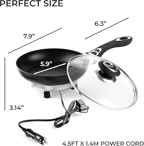 Miniatura 5 de Zone Tech - Sartén de 12 V con tapa de vidrio, portátil antiadherente de 7.5 pulgadas, asas que se mantienen frescas, calentamiento rápido,