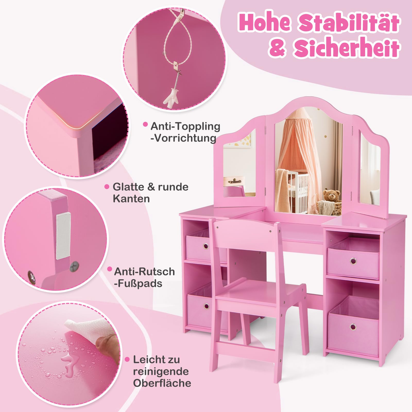 GOPLUS Kinder Schminktisch mit Stuhl, Prinzessin Frisiertisch mit mit abnehmbarem Spiegel, Kosmetiktisch Holz (Rosa mit Stuhl & Box)