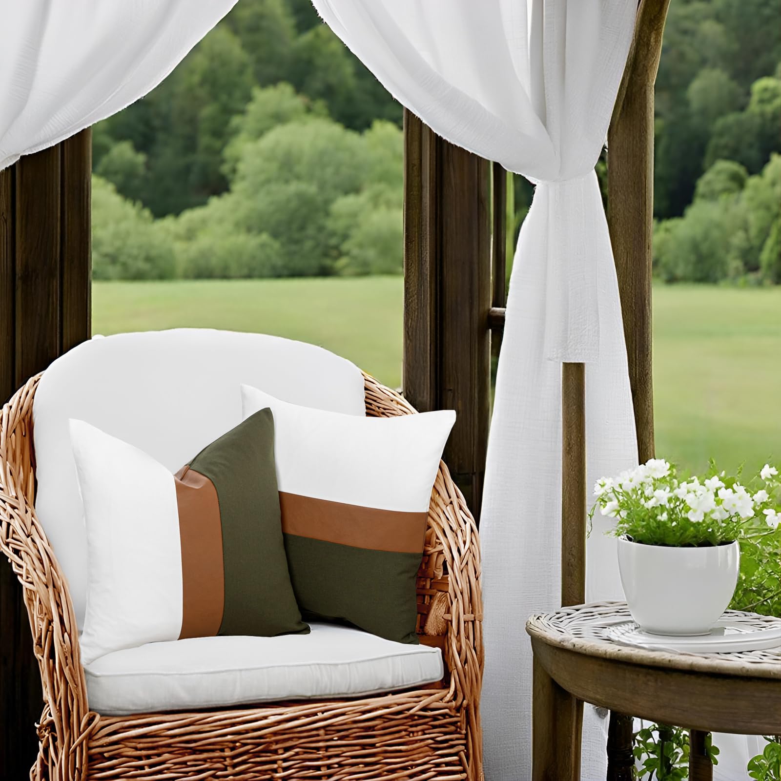 Vfuty Set of 2 Farmhouse Cotton Throw Pillow Covers 18x18 Decorative Rustic Pillow Case Olive Green and White Square Cushion Case for Sofa Couch Bed Modern Faux Leather Pillowcase