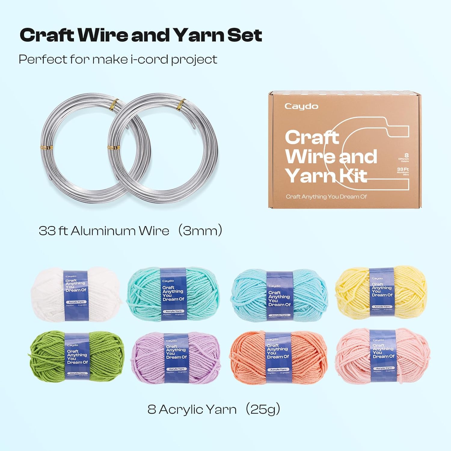 Caydo Aluminum Craft Wire and Acrylic Yarn Skeins & i Cord Knitting Machine - DIY Handicraft Making for Crocheters