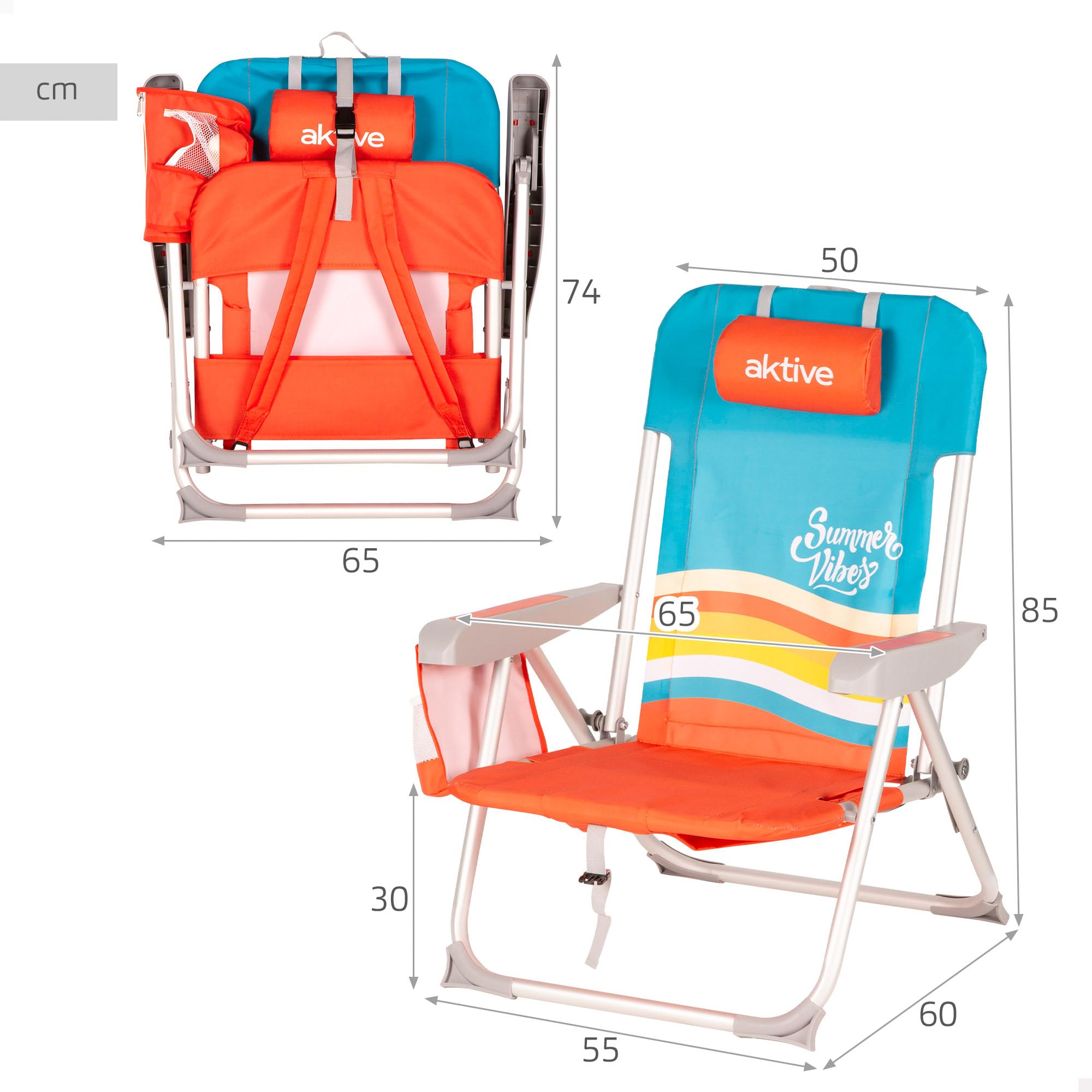 AKTIVE Chaise de Plage Pliable, Multicolore, 48 x 58 x 76 cm, Multi-Positions (62509)