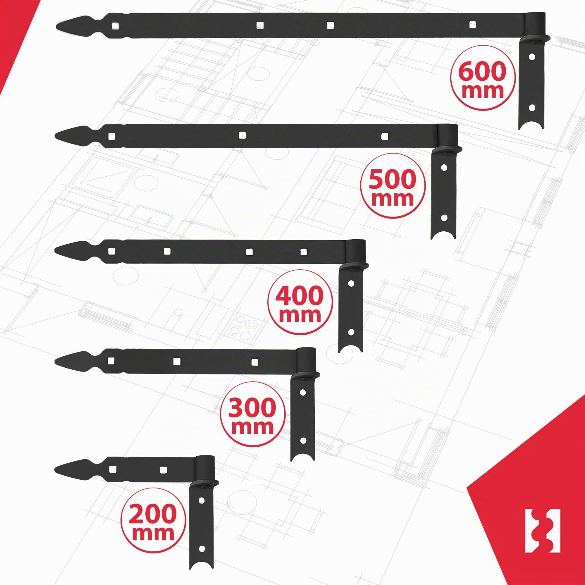 KOTARBAU® Charnière à Congé de 600 mm Noire x2 en Acier | Charniere Porte Lourde | Penture | Charniere Portail | Charnière Porte Lourde, | Penture Volet Bois | Charnieres | Charniere Noir | Charnières