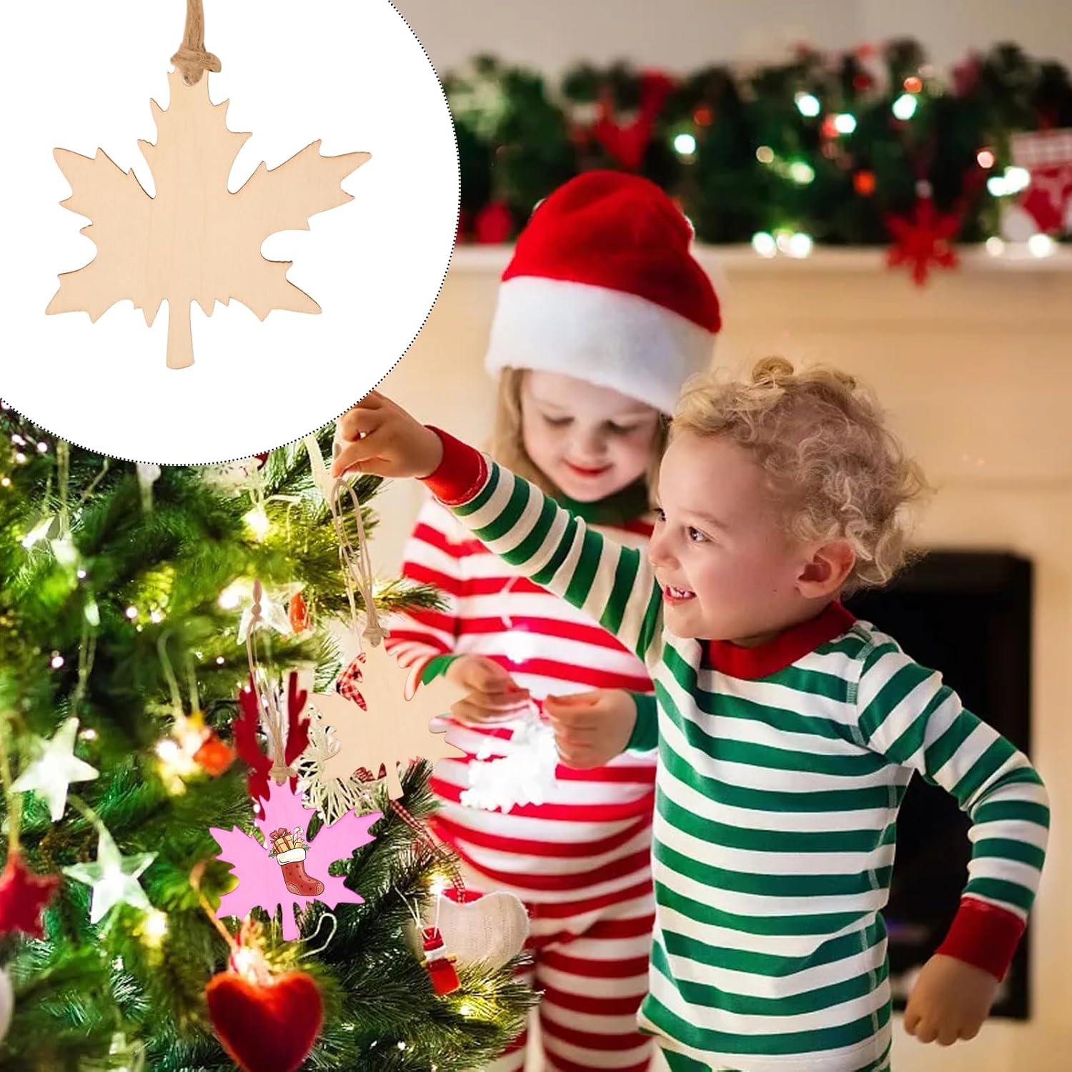 Honbay 20PCS Maple Leaves Wooden Hanging Ornaments Fall Leaf Unfinished Blank Wood Pieces Wood Slices Wood Chips Embellishments Wooden Gift Tags for Home Party Decoration - with Twine - Image 4