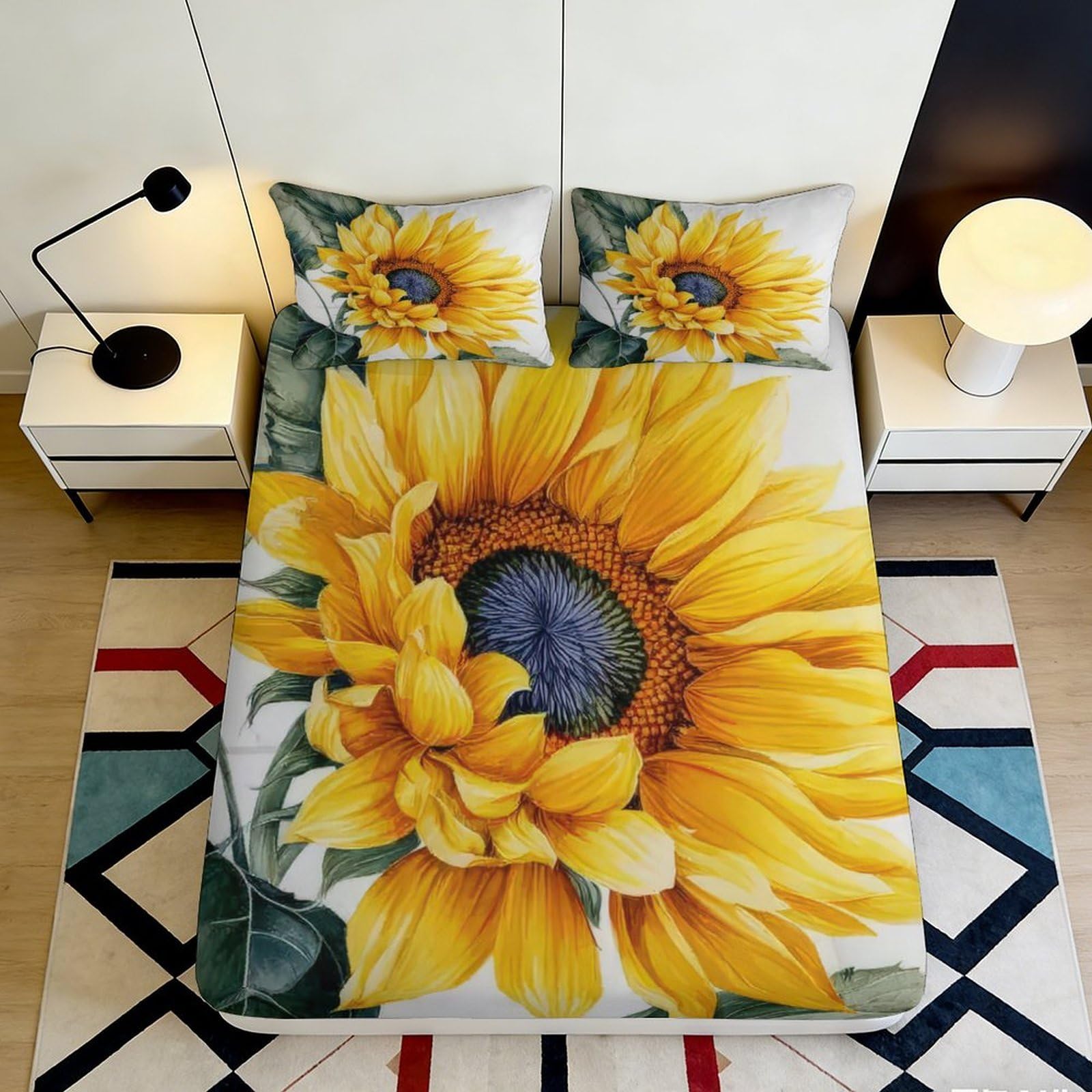 3D Printed Sunflower Fitted Sheet Microfiber Deep Pocket Non-Slip Sunflower Mattress Fitted Cover Bedroom for Adults 160x200x25cm