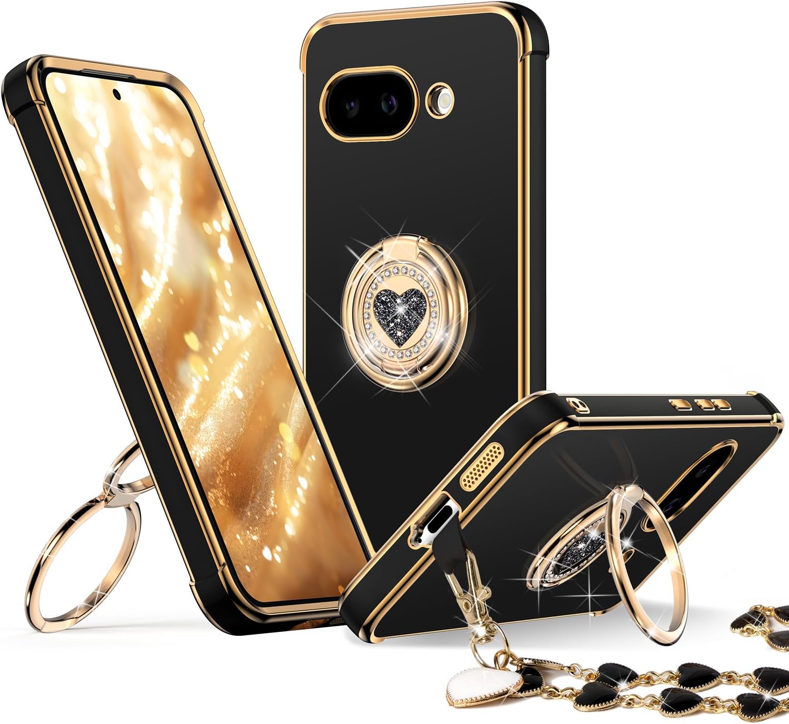 XYZ for Pixel 9A Case with Stand, Phone Case with Double Ring Kickstand, Women Girls Cute Love-Heart Luxury Bling Protective Cover for Google 9A, Black
