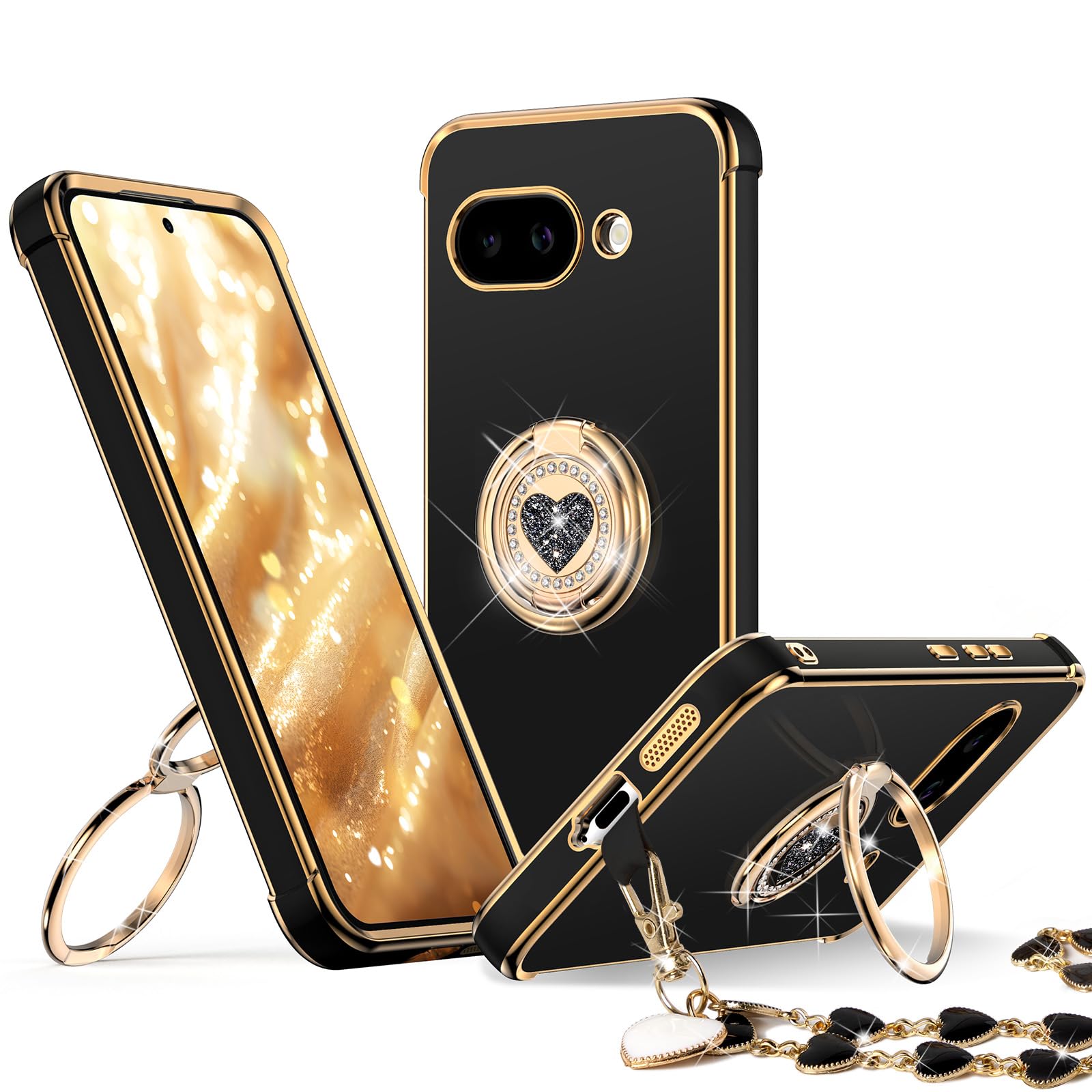 XYZ for Pixel 9A Case with Stand, Phone Case with Double Ring Kickstand, Women Girls Cute Love-Heart Luxury Bling Protective Cover for Google 9A, Black