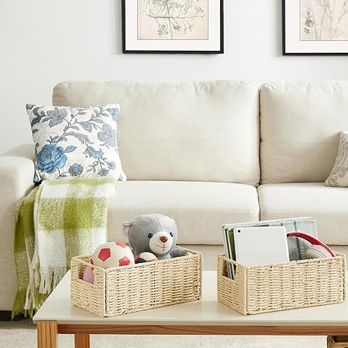 Miniatura 2 de Vagusicc Cesta de almacenamiento de mimbre, juego de 2 cestas de mimbre de cuerda de papel tejida a mano, pequeñas cestas de almacenamiento para