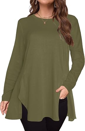 Afibi Crew Neck Long Sleeve Tunic Tops for Women Loose Fit Dressy for Leggings with Side Split