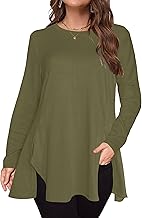 Afibi Crew Neck Long Sleeve Tunic Tops for Women Loose Fit Dressy for Leggings with Side Split