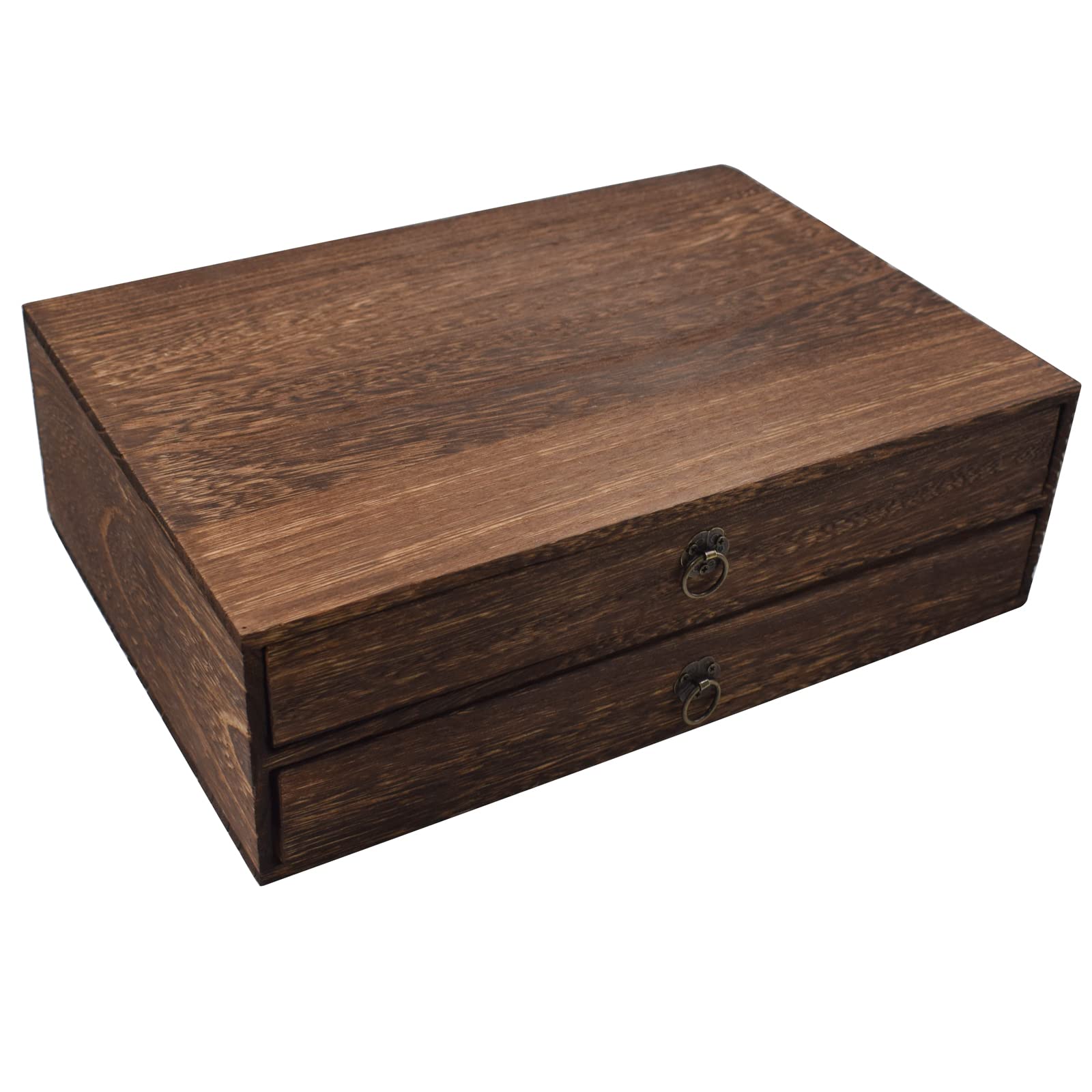 Caja de Madera para Decorar con 2 cajones Organizador de Escritorio Carbonización Gabinete de Almacenamiento Almacenaje A4 Documentos, Juguetes, Herramientas 34x24x10,5cm