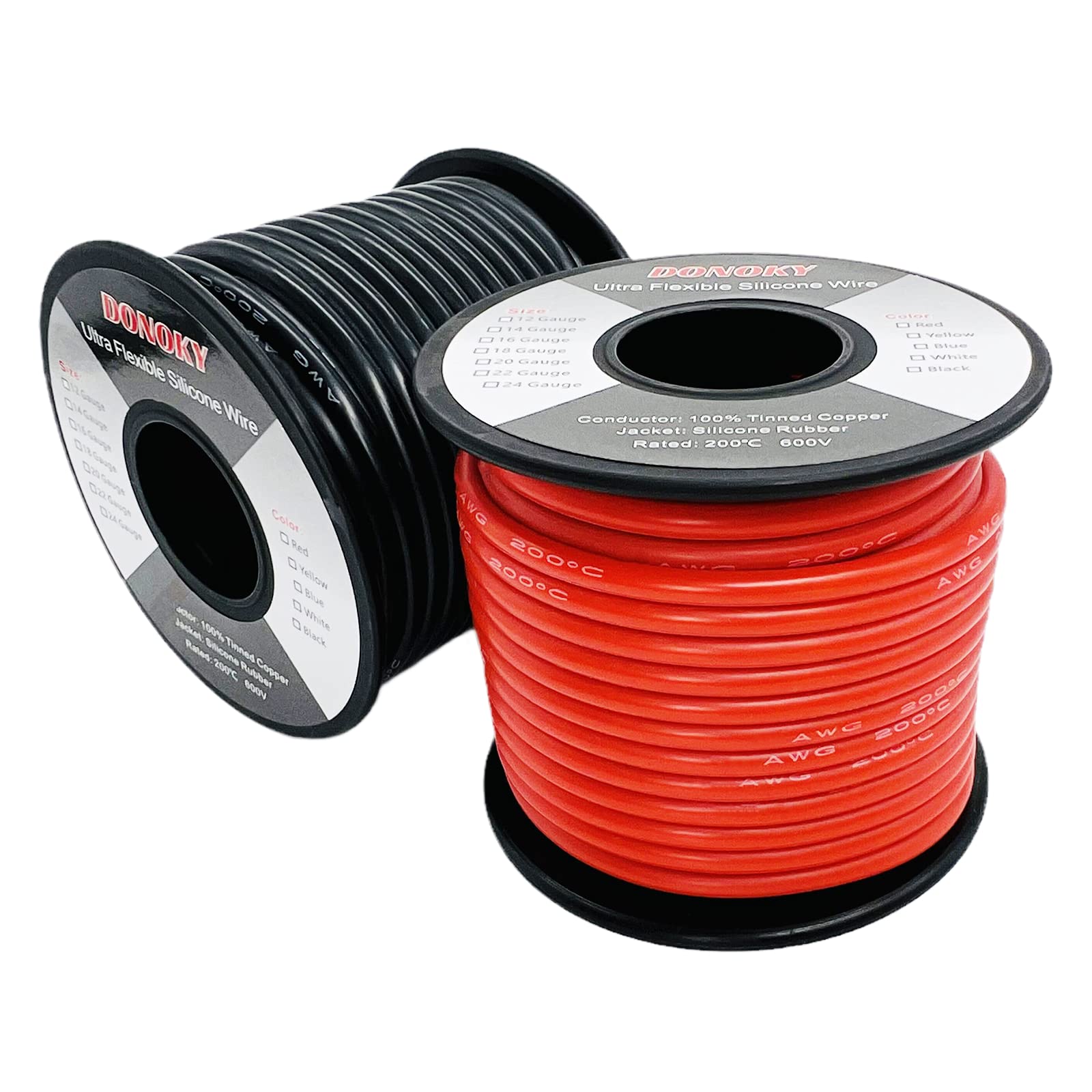 DONOKY 12 Gauge 12 AWG Silicone Wire - Black & Red Each 25ft Spool, Ultra Flexible 12 Gauge Stranded Tinned Copper Wire, 12 AWG Automotive RC Battery