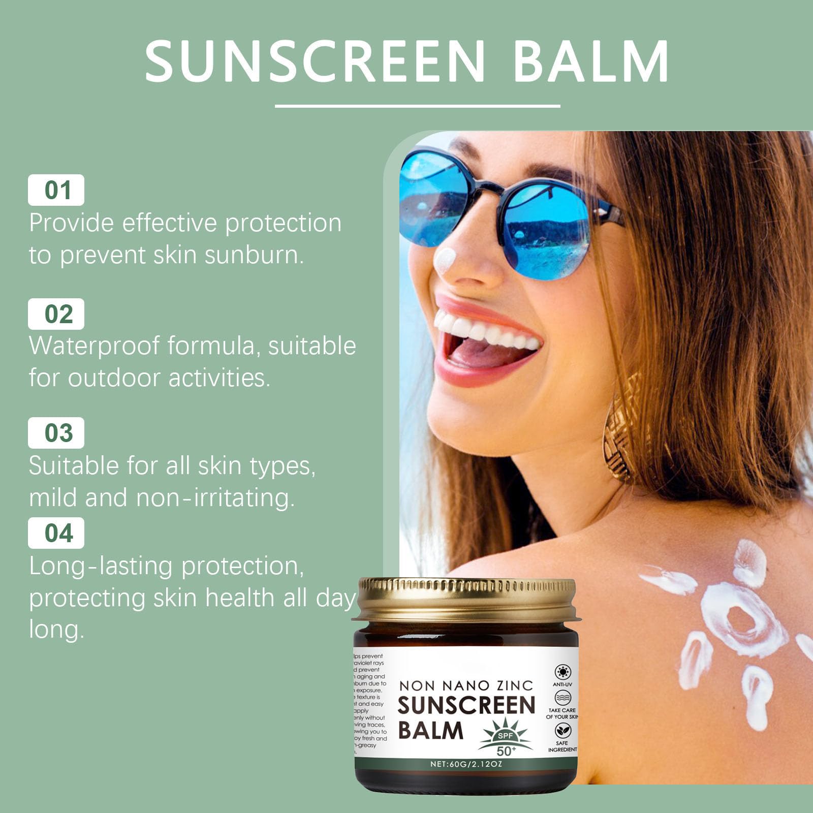 Non Nano Zinc Oxide Sunscreen Balm, Natural Tallow Sun Cream for Face & Body, SPF50 Suncream, UVA/UVB Protection - Image 2