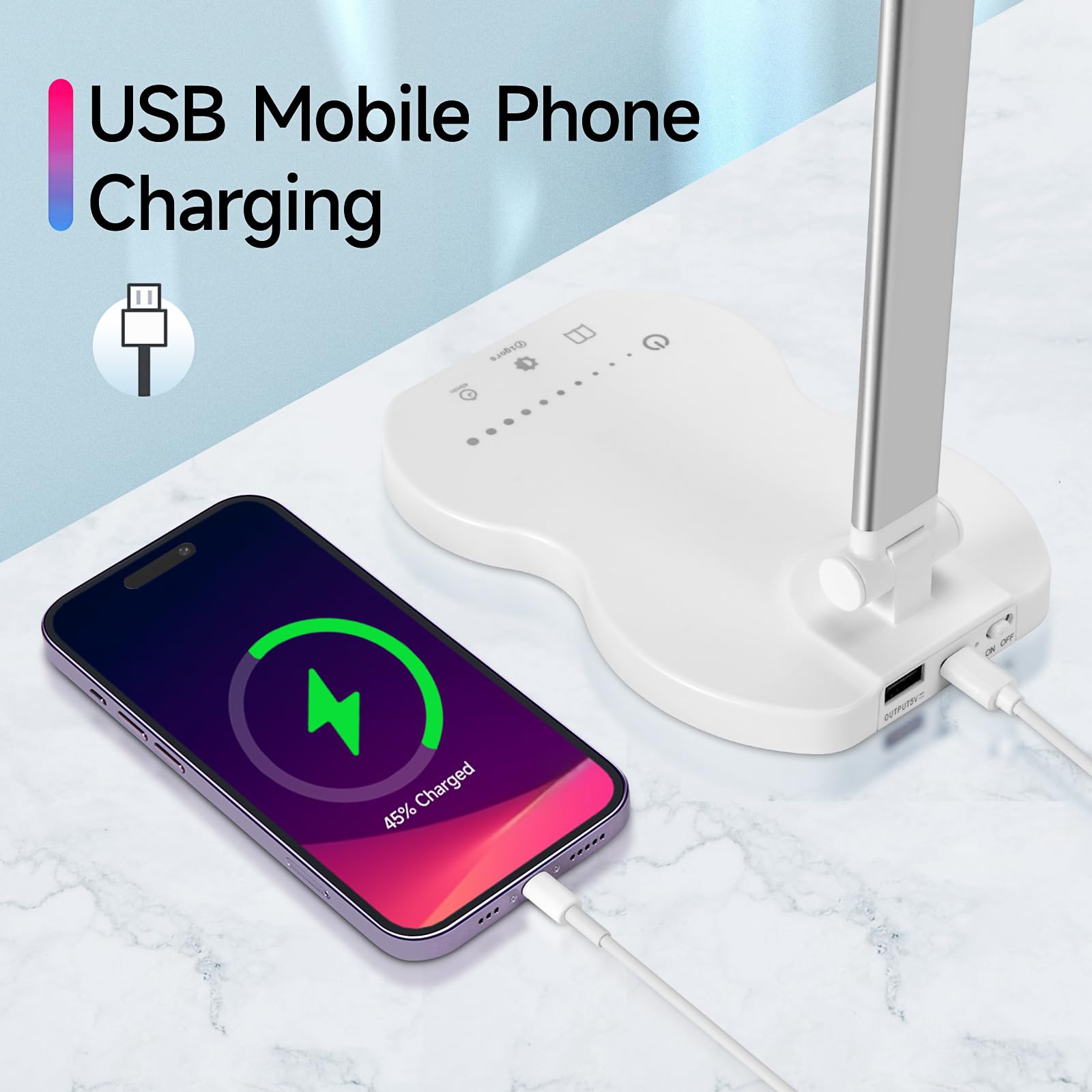 rigors Lampada da Scrivania, 5 Modalità, 10 Livelli di Luminosità, Lampada da lavoro con porta di ricarica USB, Lampada da Tavolo con Touch, Funzione Timer Funzione Memoria per Cameretta,Ufficio