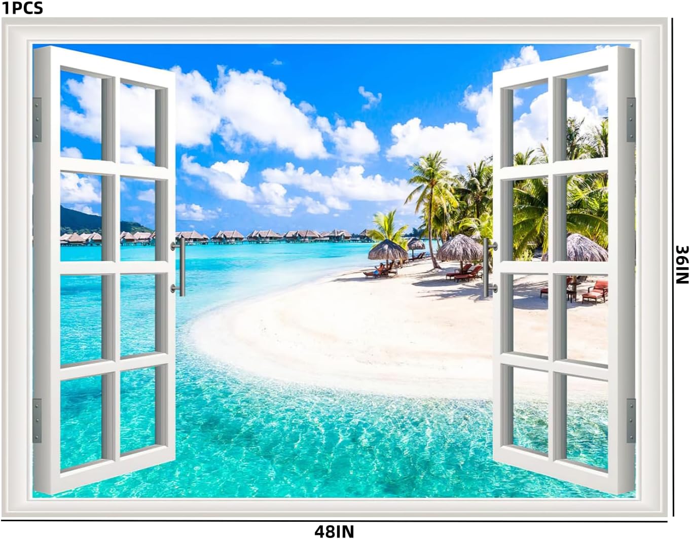 Self-Adhesive Wall Sticker Romantic Living Room Bedroom Study Office Decorative Wall Sticker Ocean Scenery Fake Window Sticker Mural (36"×48", Crescent Beach)
